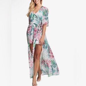 KENSIE Tropical Leaves Maxi dress w shorts in front Size 6 EUC Like New